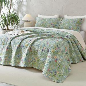 Lady Ann Oversized Cal King Bedspreads 120x120 for Extra Bed, Green Flower Bird Butterfly Print Botanical Bedding, Lightweight 100% Cotton Quilted Coverlet Set with Pillow Shams for All Season, 3 PCS