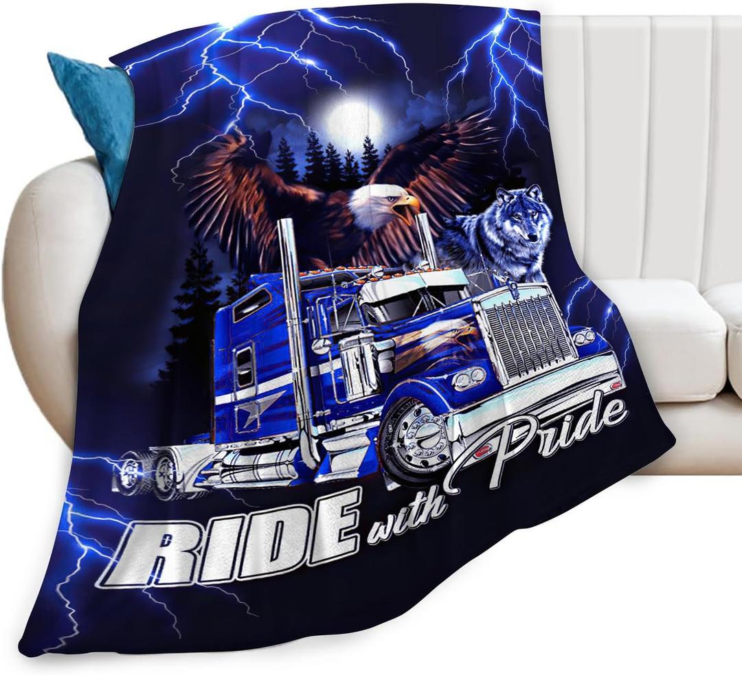 Semi Truck Blanket Decor Gifts for Trucker, Truck Flannel Fleece Fuzzy Lorry Throw Blankets, Soft Warm Cozy Plush Eagle Wolf Stuff Blanket for Kids Adult 50"x40"
