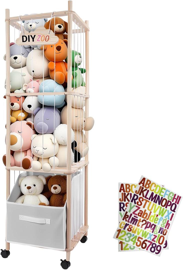 Stuffed Animal Storage, 56" Extra Large Plush Toy Organizer with Wheels, Wooden Stuffed Animal Holder with Removable Bin, Zoo Plushies Storage for Bedroom/Playroom/Living Room (White)
