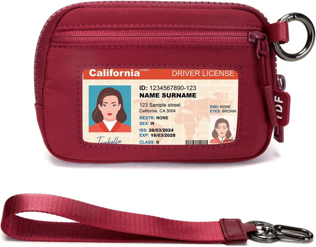 Keychain Wallet for Women Mini Zip Card Holder with ID Window Coin Purse Detachable Wristlet Small Wallets Burgundy