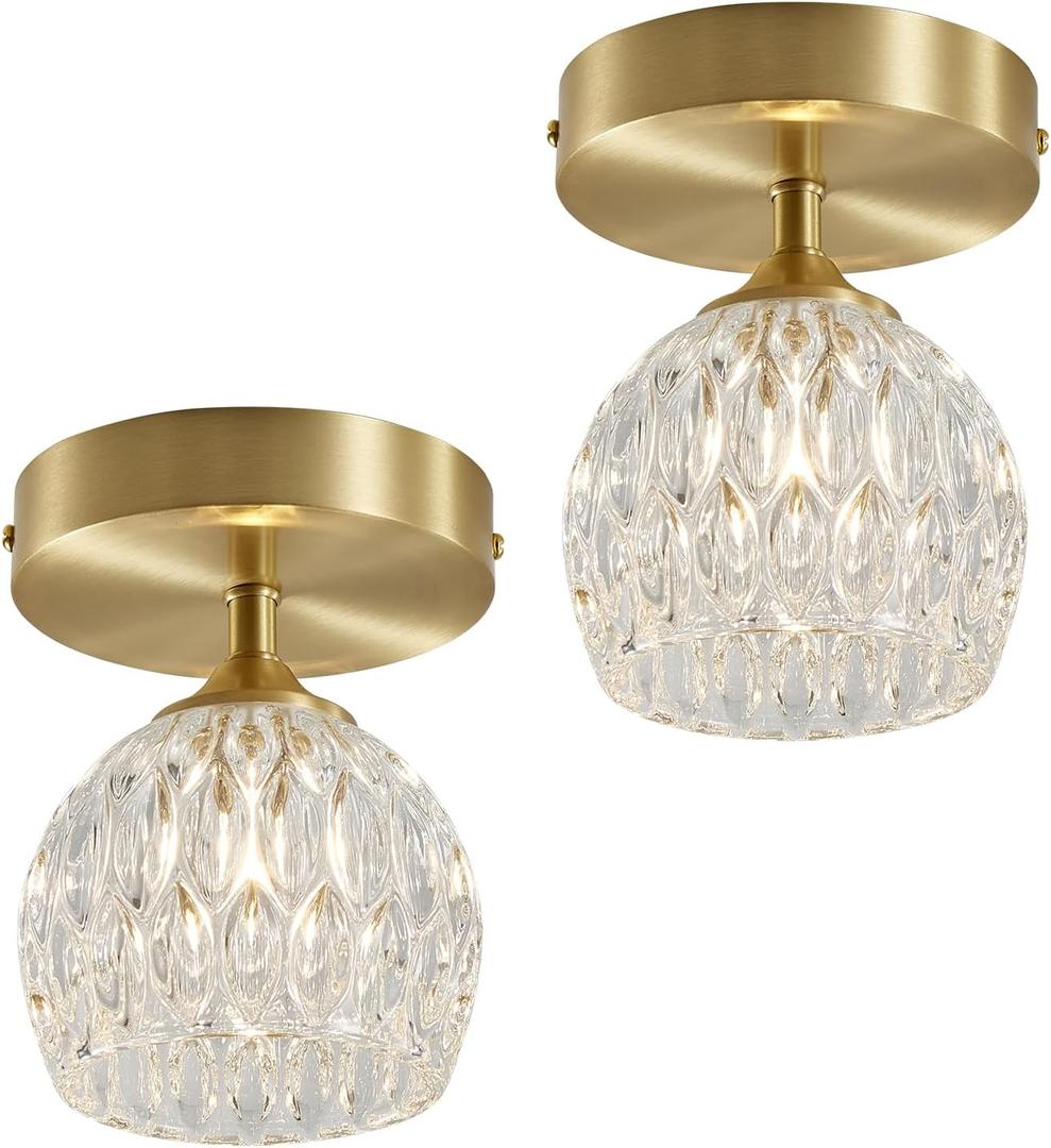 2 Pack 4.3'' Semi Flush Mount Ceiling Light, Light Luxury Ceiling Light Fixture, Clear Crystal Lampshade Vintage Hallway Lights Fixtures, Brass Base Flush Mount Ceilings LightsNo Bulb Included