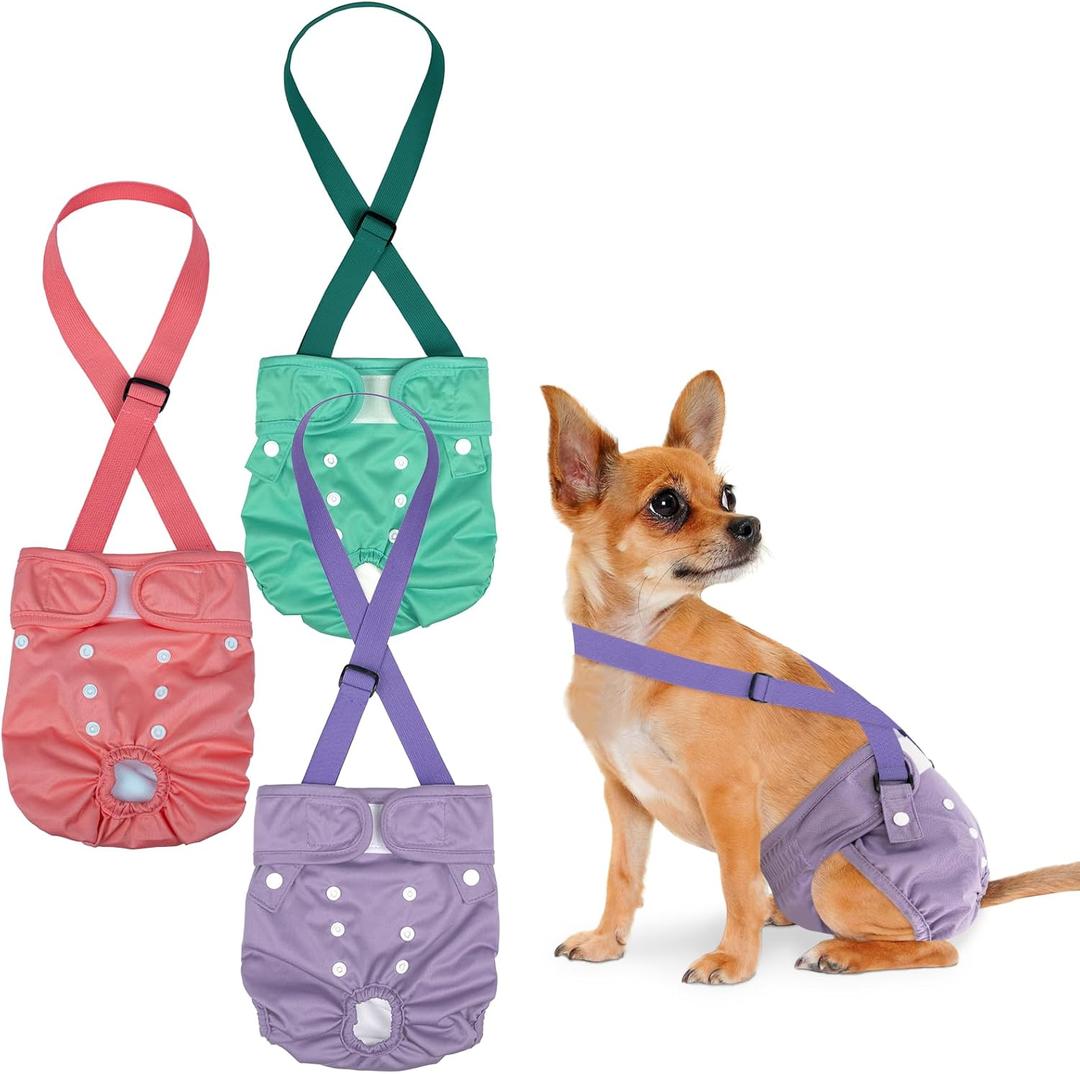 Pet Soft Dog Diapers Female with Suspenders, 3 Pack Reusable Female Dog Diapers for Heat, Dog Period Panties for Doggie in Cycle(X-Small, Pinkycolor)