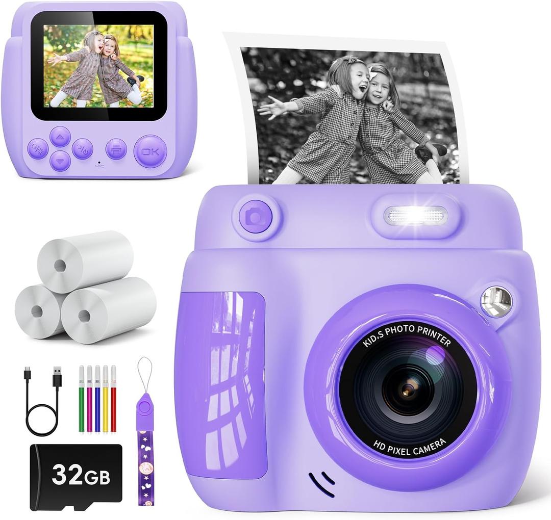 Kids Camera Instant Print - Christmas Birthday Gifts for Girls Boys Age 3-12, 1080P Video Digital Camera with 3 Rolls Printing Paper, Toddler Travel Toy Camera for 4 5 6 7 8 9 10 11 Year Old - Purple