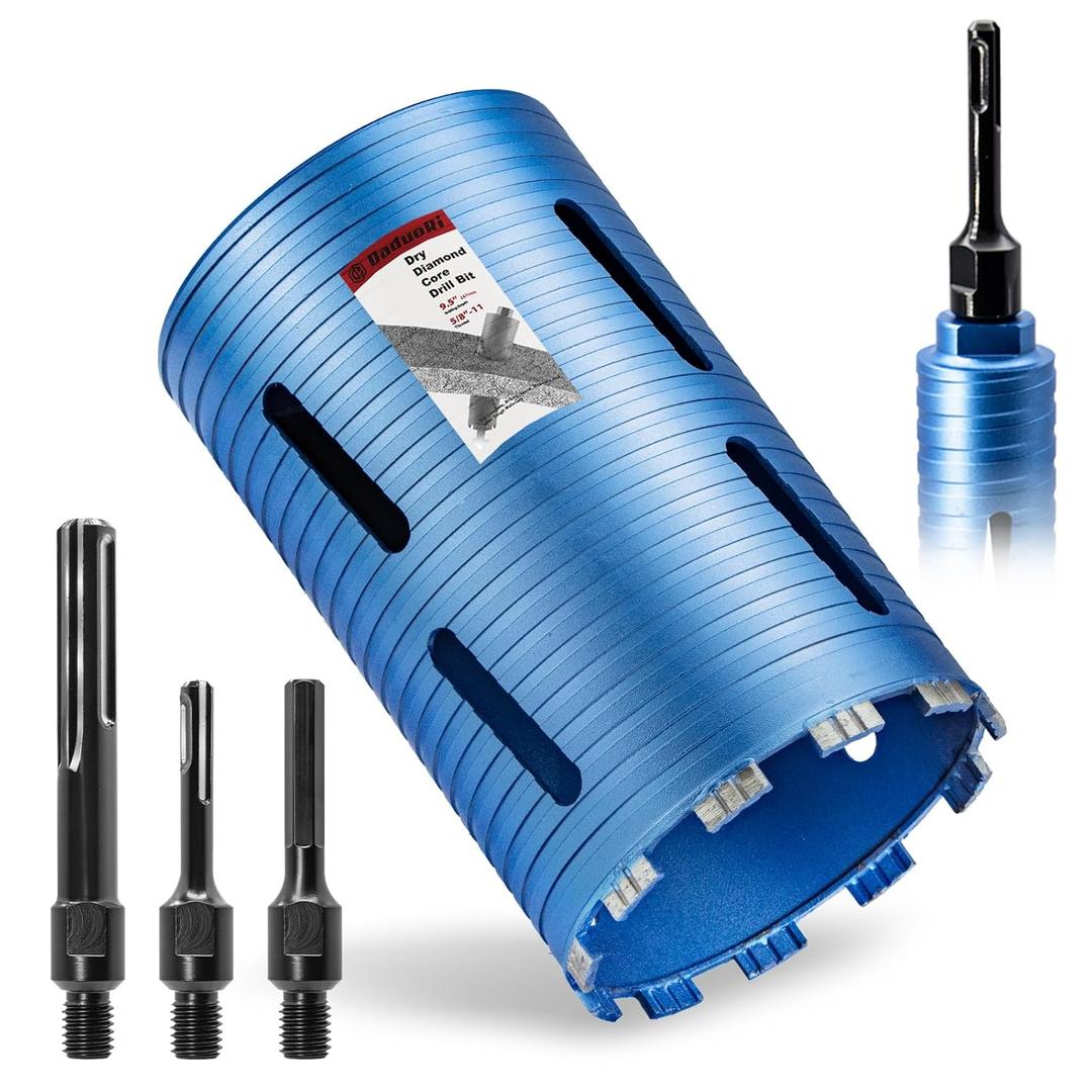 6" Core Drill Bit with 3 Adapters Included: SDS Plus, SDS Max and 1/2" Hex Abor, 5/8"-11 Thread, 9.5" Drilling Depth Dry Core Bits for Concrete Brick Block, Motar, Masonry (152mm)