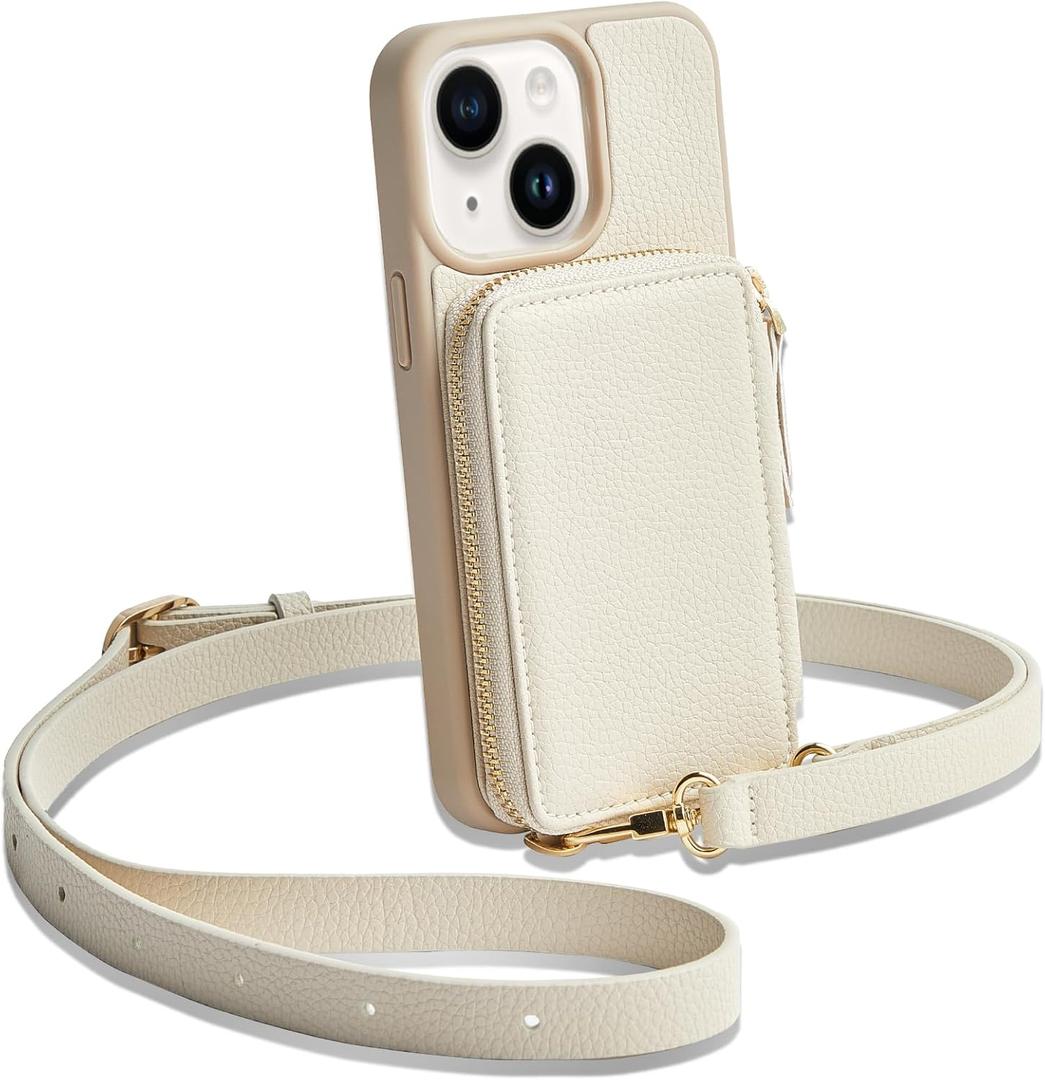 ZVE for iPhone 14 Wallet Case Crossbody, Zipper Phone Case with RFID Blocking Card Holder Wrist Strap, Purse Cover for Women Compatible with iPhone 14, 6.1", 2022-Beige