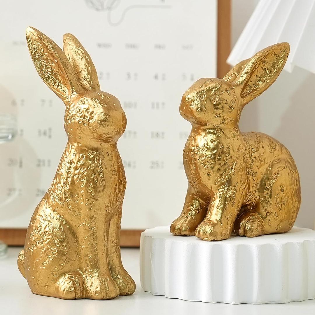AOMOONOA Gold Bunny Decor, Easter Bunny Figurines Set of 2, Small Rabbit Decor with Metallic Rough Finish, Resin Bunnies for Spring Table Centerpiece, Elegant Home, Mantle Shelf Decor
