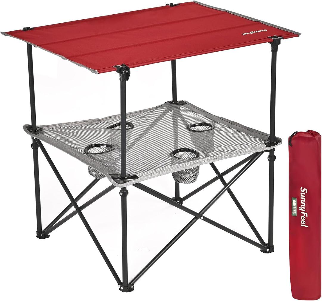 SUNNYFEEL Folding Camping Table- Collapsible Portable Beach Table with 4 Cup Holders & Carry Bags, Tailgate Table for Outdoor Excursion Picnic Hiking Fishing Travel Parties, Red, 30.12 inches x 23.43 inches x 27.95 inches