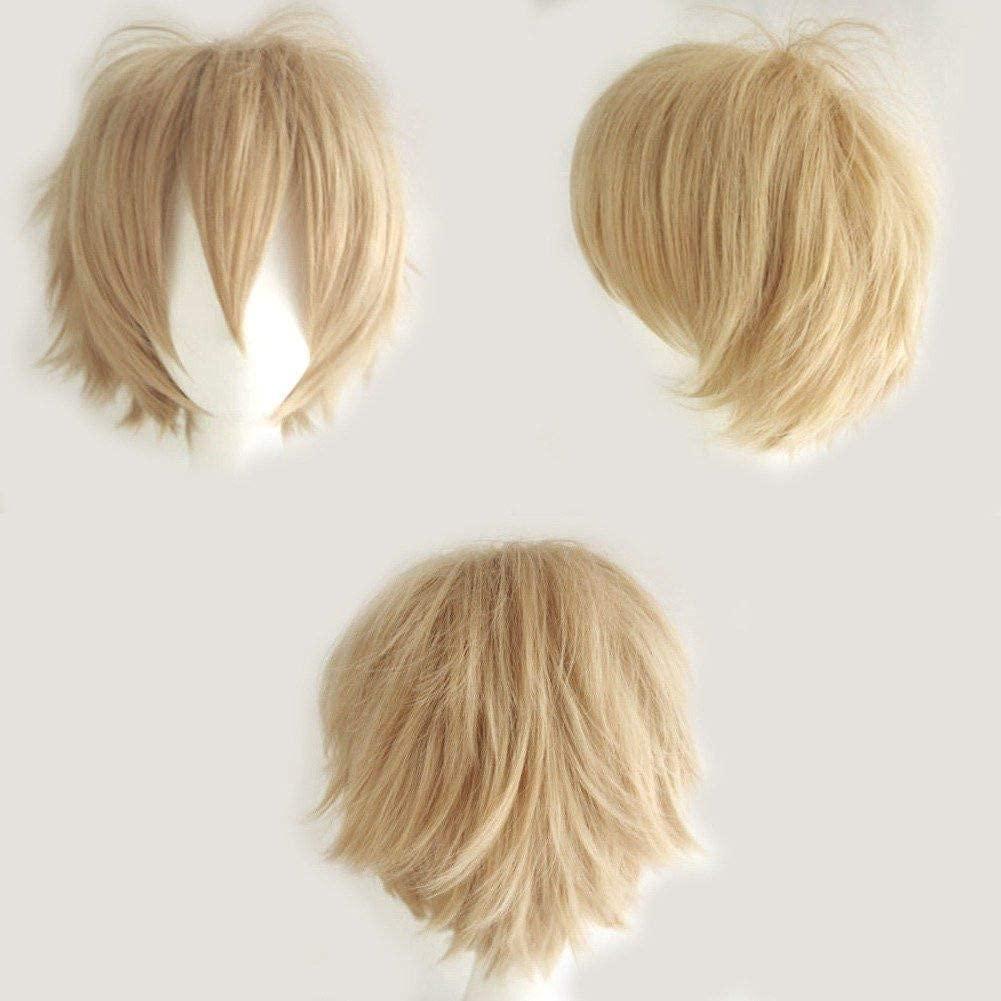 S-noilite Short Unisex Anime Wig - Fluffy Hair for Japanese Comic Hairstyles With Layered Bang - Halloween Cosplay Party Costume Full Synthetic Wig (Linen Blonde)