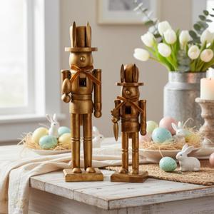 Weysat 2 Pcs Bronze Easter Nutcracker Figure Wooden Nutcracker Figures with Velvet Bow Easter Ornament for Festival Party Gift Shelves Table Desktop Fireplace Decor, 10inch, 15inch