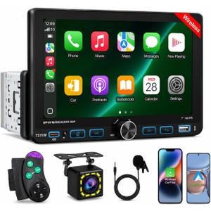 7" Single Din Car Stereo with Wireless Apple CarPlay,IPS Touchscreen,Bluetooth 5.2 Car Radio with Backup Camera,FM/AM/RDS,Android Auto,SWC,GPS Navigation,USB,Type-C Fast Charging