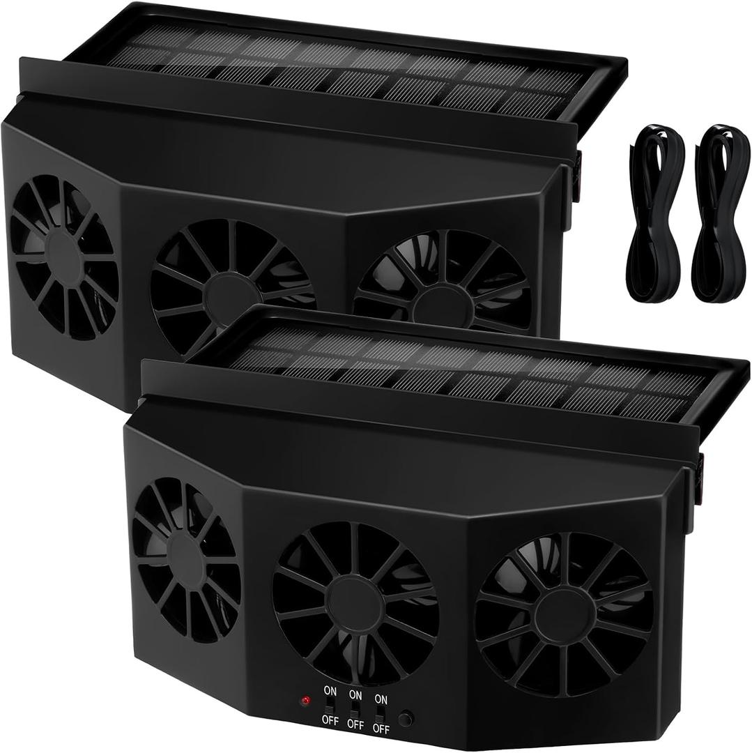 Tujoe 2 Pack Solar Powered Car Exhaust Fan 3 Fans Car Window 4500 RPM Air Vent Radiator Solar Energy Cooling Vent Exhaust for General Types(Solar 3 Fans,Black)