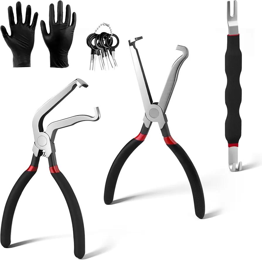 HWYPSJ Electrical Disconnect Pliers 2Pcs, Rake Shaped Jaws Electrical Connector Pliers, Solid Metal Disconnect Tools with Anti-Slip Grip for Automotive Hose Fuel Line Removal(1 * 60°+ 1*Straight)