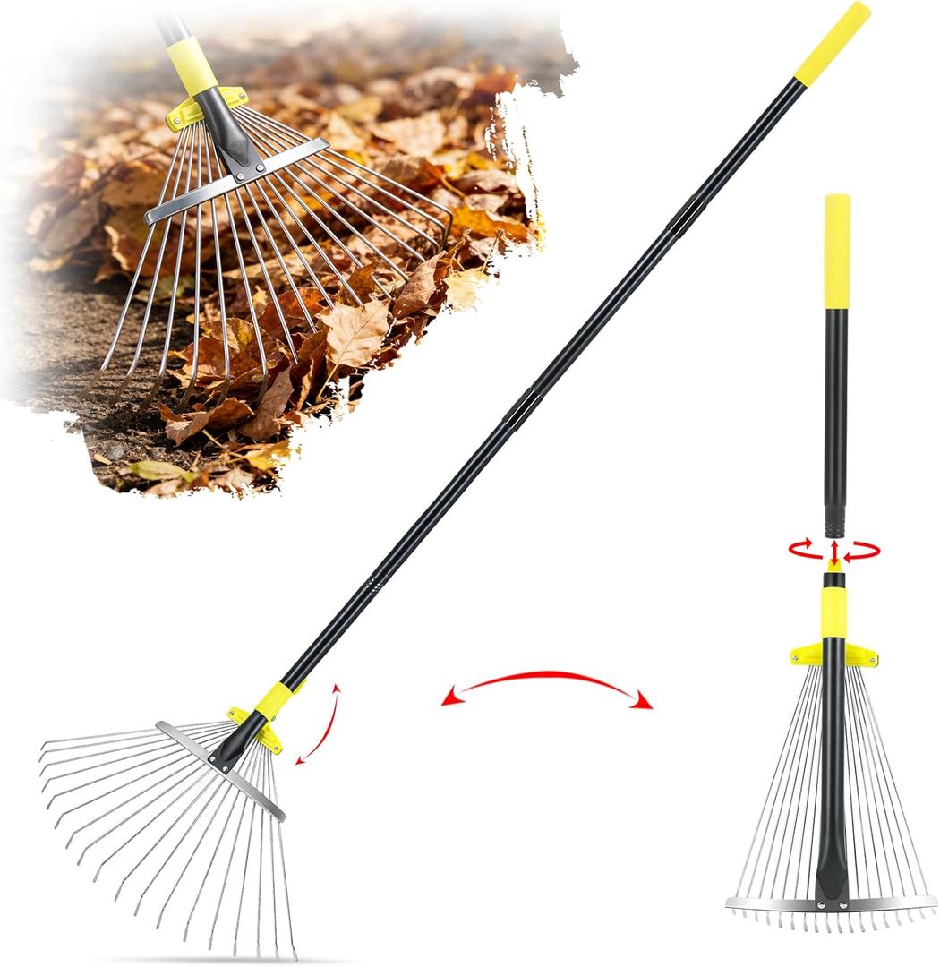 Jardineer Garden Rake for Leaves - Adjustable Metal Leaf Rake with Expandable Head and 59 Inch Long Handle, Yard Rake for Leaves, Debris, Tight Spaces and Yard Waste Removal