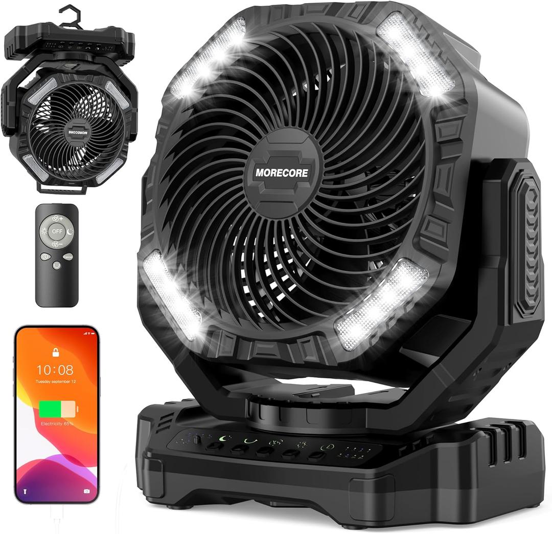 68HRS Running Camping Fan with Light, 20000mAh Battery Rechargeable, Powerful 4 Speeds & Auto Oscillating, Timer & Hook, for Travel Tent RV Emergency Hurricane Jobsite Garage, Co-Branded with AMACOOL (Black)