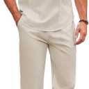 COOFANDY Men's 2 Piece Cotton Sets Casual Long Sleeve Cuban Henley Shirt and Loose Pants Set Beach Vacation Outfits (Large, Beige)