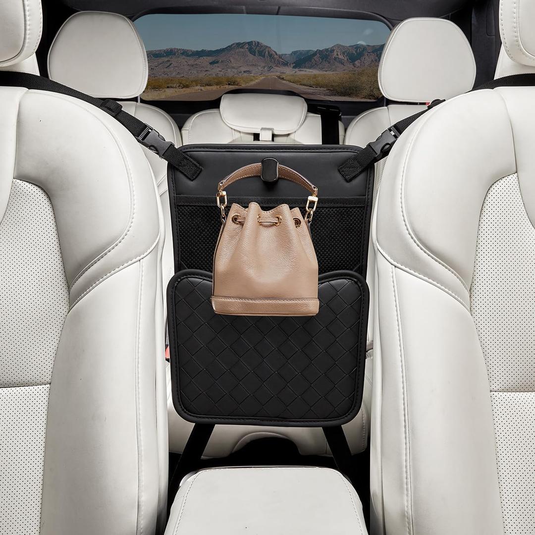 Purse Holder for Car, Car Purse Holder Between Seats, PU Leather Seat Back Organizer, Large Capacity Bag, Car Net Pocket Handbag Holder, Pet Barrier(Black)