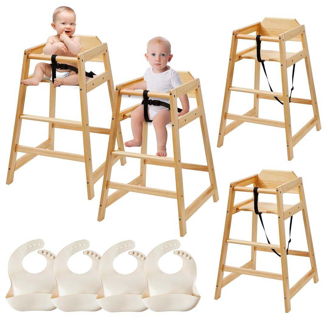 Wooden Baby High Chair, Neoflavie 4 Pcs Stack-able Solid Wood Feeding Seat with 3 Point Safety Harness and 4 Pcs Baby Bibs for Restaurant & Home Use - Natural