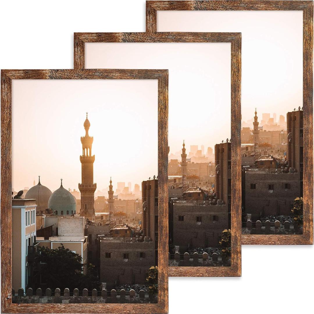 11x17 Picture Frames Wood Rustic Wall Hanging,Smooth Molding & Acrylic Cover,Brown,3 Pack