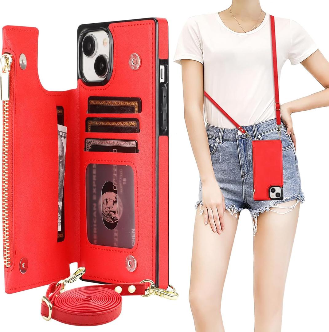 Bocasal Crossbody Wallet Case for iPhone 15 Plus with RFID Blocking Card Slot Holder, Magnetic Flip Folio Purse Case, PU Leather Zipper Handbag with Detachable Lanyard Strap 6.7 Inch 5G (Red)