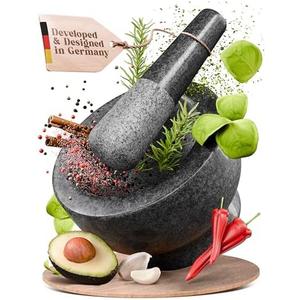 ChefSofi Mortar and Pestle Set - Black Polished Exterior - 6 inch - 2 Cup Capacity