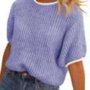 Saodimallsu Womens Puff Short Sleeve Sweater Tops Spring Summer Color Block Ribbed Knit Crew Neck Going Out Shirts Purple (Purple)