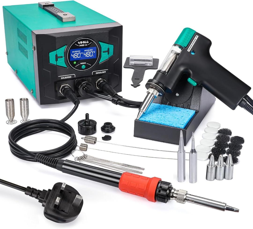 YIHUA 948D III Soldering Iron Desoldering Station Kit with Upgraded Desolder Tool, 110W EVO Solder Iron, Vacuum Pump, 3 Desoldering Nozzles, with Automatic Shutdown, Sleep Mode Functions.