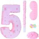 Pink Number 5 Piata with Pinata Stick & Blindfold for Kids Girls Boys 5th Birthday Party Decorations Carnival Games with Hair Claw Clip Gift (Number 5)