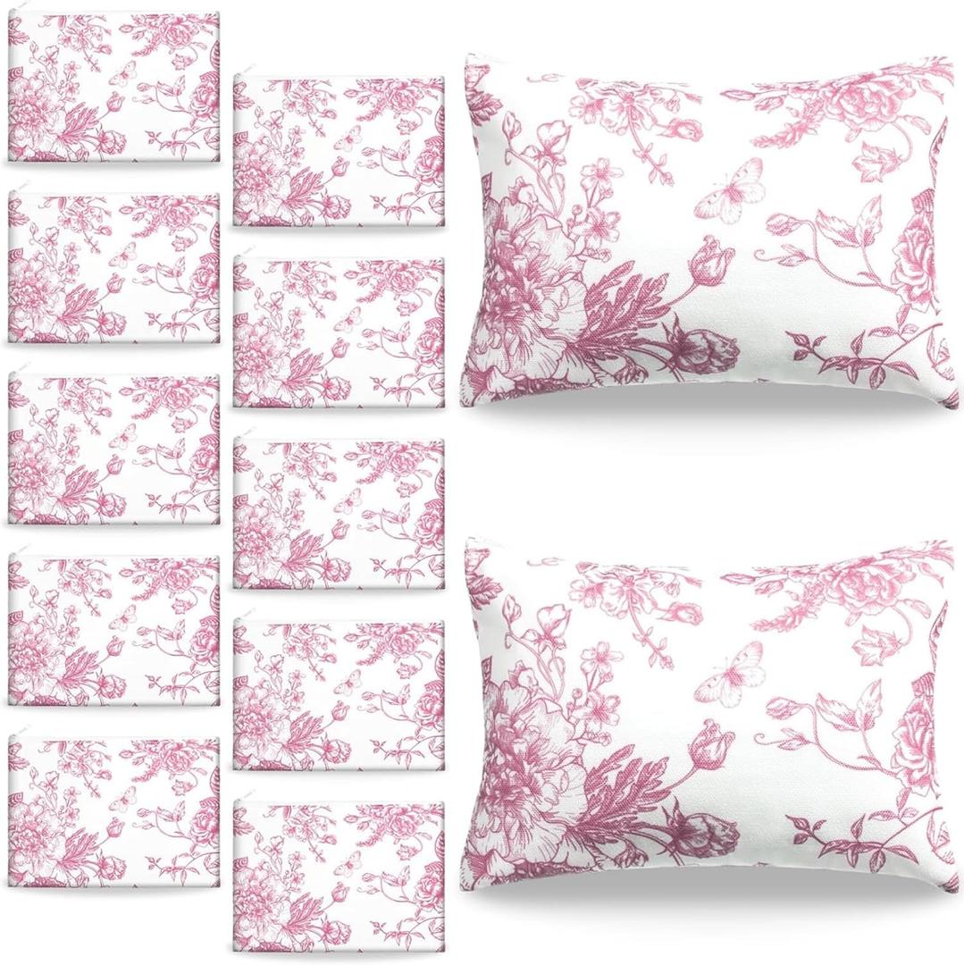 20 Pcs Floral Makeup Bags with Zipper Canvas Cosmetic Bags Bulk for Women Pencil Bag Travel Toiletry Pouch Gift for Health Nurse Mother Teacher (Pink)