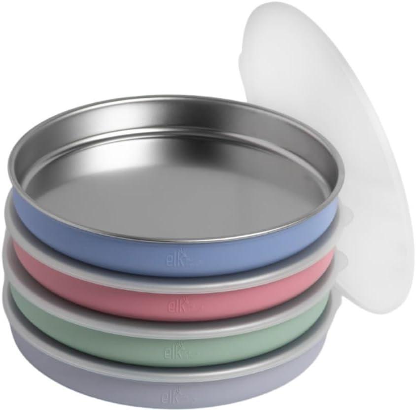 Elk and Friends 7.8 Stainless Steel Non Divided Plates with Silicone Sleeve + Storage Lid | Baby, Toddler, Kids | Dishwasher Safe | Dinner & Snack Plates | 4 Pack