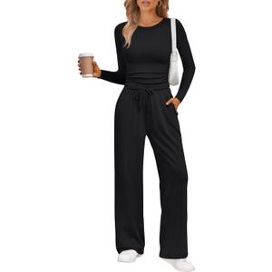 LILLUSORY 2 Piece Lounge Sets for Women Fall Outfits 2026 Two Piece Travel Sweatsuits Business Casual Fashion Clothes (Medium, Black)