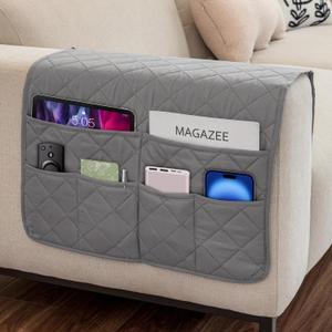 Remote Control Holder for Recliner Non-Slip Armchair Caddy Couch Armrest Organizer, Arm Chair Bedside Caddy Storage Organizer for Recliner Couch With 6 Pockets for Magazine, Tablet, Phone, iPad (Grey)