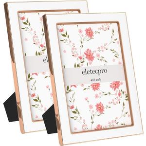 eletecpro 4x6 Enamel Picture Frame Set of 2 with Real Glass Cover, White Photo Frame with Rose Gold Metal Edge, Horizontal and Vertical Display Pictures 4x6 for Tabletop, Bookshelf, Wall Decor