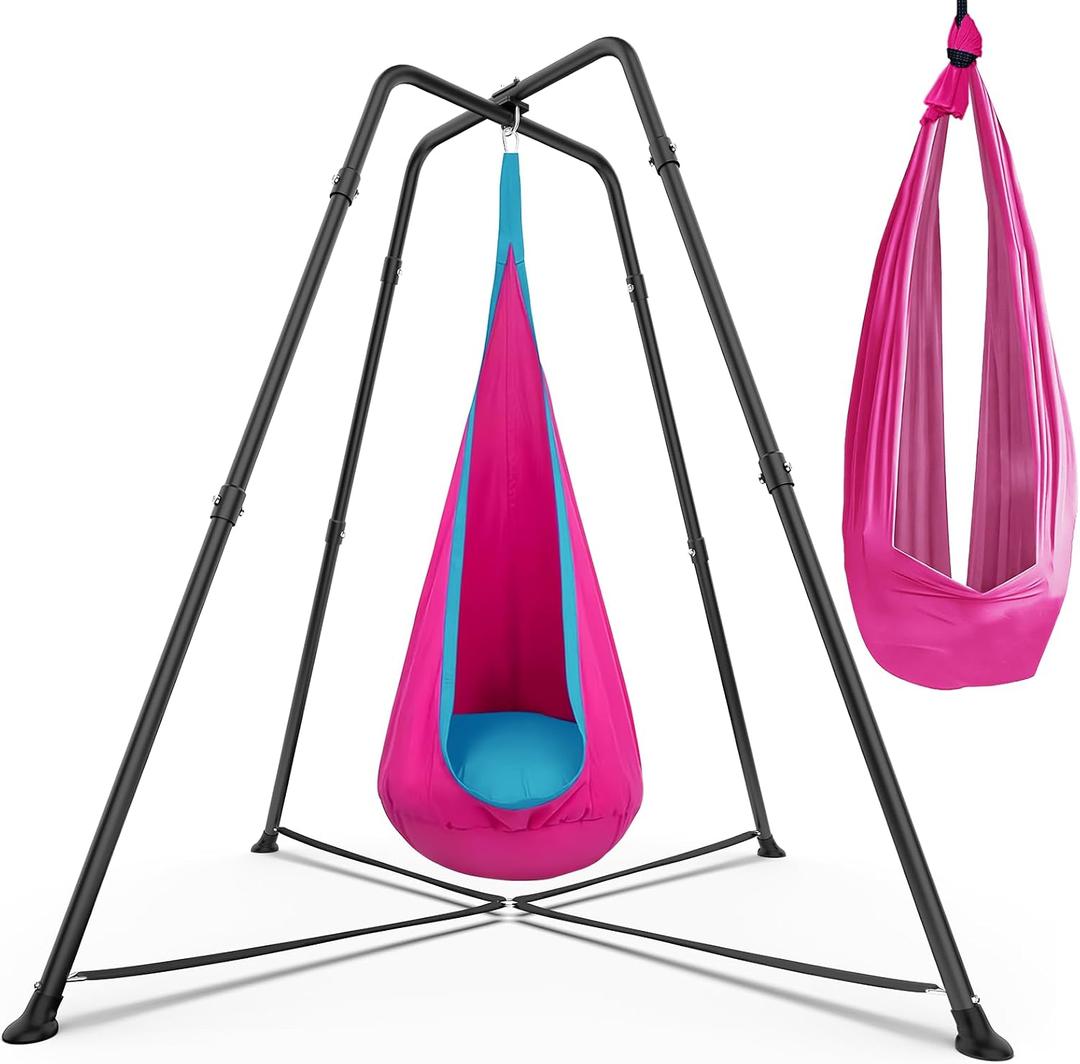 Swing Stand Frame with Sensory Pod Swings and Chair, Sensory Swing Set, X-Shaped Swing Frame, Heavy-Duty Metal Hammock Chair Stand for for Adults Indoor and Outdoor 330LBS(Pink)
