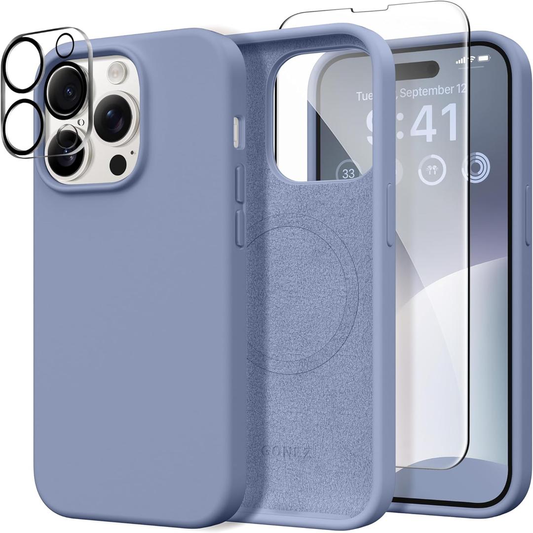 GONEZ for iPhone 14 Pro Max Case Silicone, Compatible with MagSafe, with Screen Protector + Camera Lens Protector, Liquid Silicone Shockproof Protective Phone 14 ProMax Case 6.7", Lavender Gray