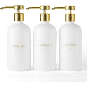 Shampoo and Conditioner Dispenser Set of 3,Refillable 20.5OZ Shampoo Bottles with Non-Slip Protective Silicone Pad,Shower Soap Dispenser with Waterproof Labels for Bathroom (White)