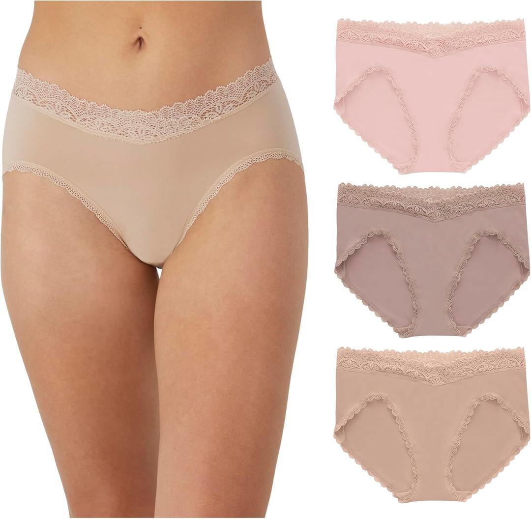 Maidenform womens Microfiber Bikini Underwear, Mid-rise Bikini Panties, 3-pack (X-Large, Almond Lace/Evening Blush Lace/Pretty Blush Lace)