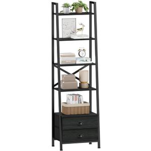 Furologee 5-Tier Ladder Shelf with 2 Drawers,Narrow Bookshelf Storage Shelves,Industrial Bookcase Freestanding Rack Units for Bedroom,Living Room,Bathroom,Home Office,Balcony,Wood Metal, Black Oak