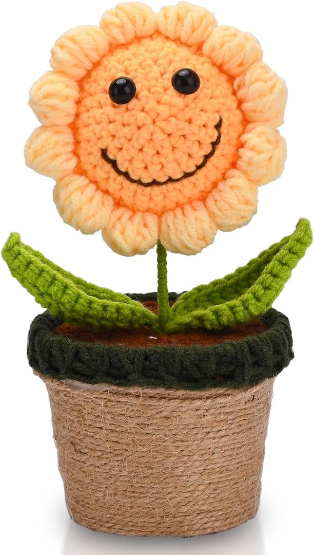 QUELIEN Crochet Sunflower Gifts for Women,Artificial Crochet Flowers for Decoration,Handmade Sunflower Pot for Home Office Desk Car Dashboard Decoration
