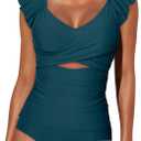 Aleumdr Two Piece Tankini Swimsuits for Women Cutout Tummy Control Bathing Suit Ruffled V Neck Tank Tops with Bottom (Large, Green)