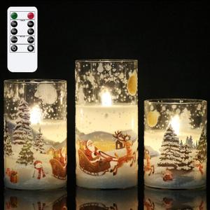 DRomance Santa Claus Glass Flameless Candles Battery Operated Remote and Timer Real Wax LED Flickering Pillar Candles White Cold Light Window Christmas Holiday Decor D3 x H4, 5", 6"