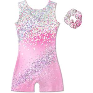 Vogseek Big Girls Gymnastics Leotards, Girls' Pink Sleeveless Ballet Dance Sets with Matching Hair Scrunchie, 3D Print Diamond Gymnastics Unitards, Size: 11-12 Years