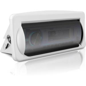 PYLE Water Resistant Marine Stereo Cover - Smoke Colored Heavy Duty Boat Radio Protector Shield with Flip-up Door & Spring Loaded Release - Mounting Gasket Included - Pyle PLMRCW2,White