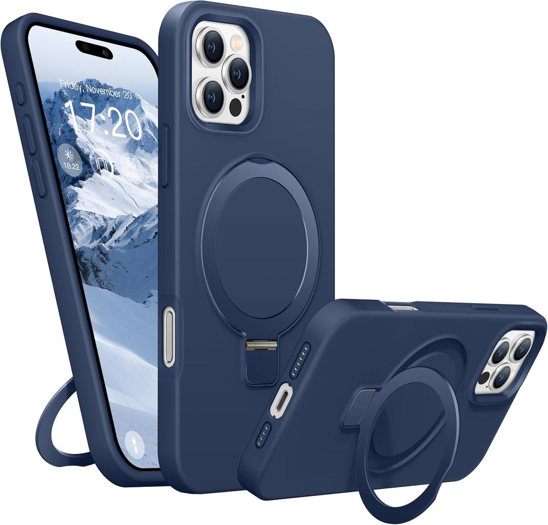 Liquid Silicone Case for iPhone 16 Pro Max with Magnetic Ring Stand, Military Grade Shockproof Protection, Anti-Scratch Microfiber Lining Covers for iPhone 16 Pro Max, Dark Blue