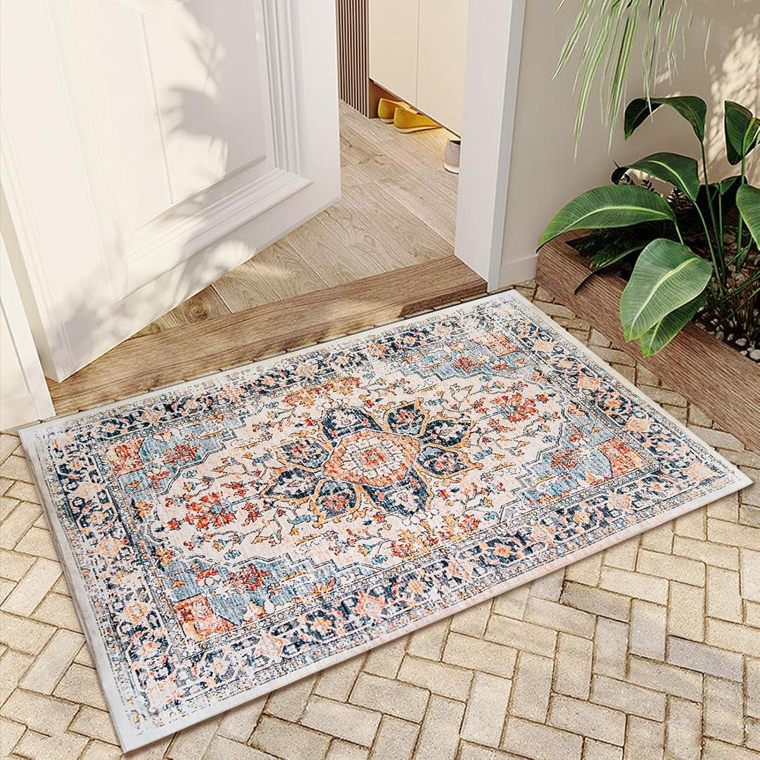 VK VKLIVING Entryway Washable Rug 2'x3' Small Boho Bathroom Throw Area Rug Non Slip Doormat Indoor Front Door Machine Washable Carpet for Bathroom Kitchen Vintage (Blue Orange)