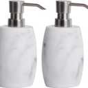 Clasin Home Resin Soap Dispenser Set 2, Refillable Hand Soap Dispenser with White Marble Look and Metallic Pump, Kitchen, Bathroom, Waterproof Labels (12 Oz)