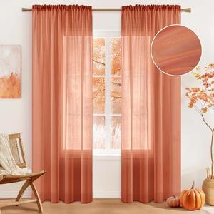 MIULEE Burnt Orange Linen Textured Sheer Curtains 72 Inches Long for Bedroom/Living Room Semi Transparent Farmhouse Fall Decor Window Net Panels with Rod Pocket 2 Panels W 54 x L 72 Inches