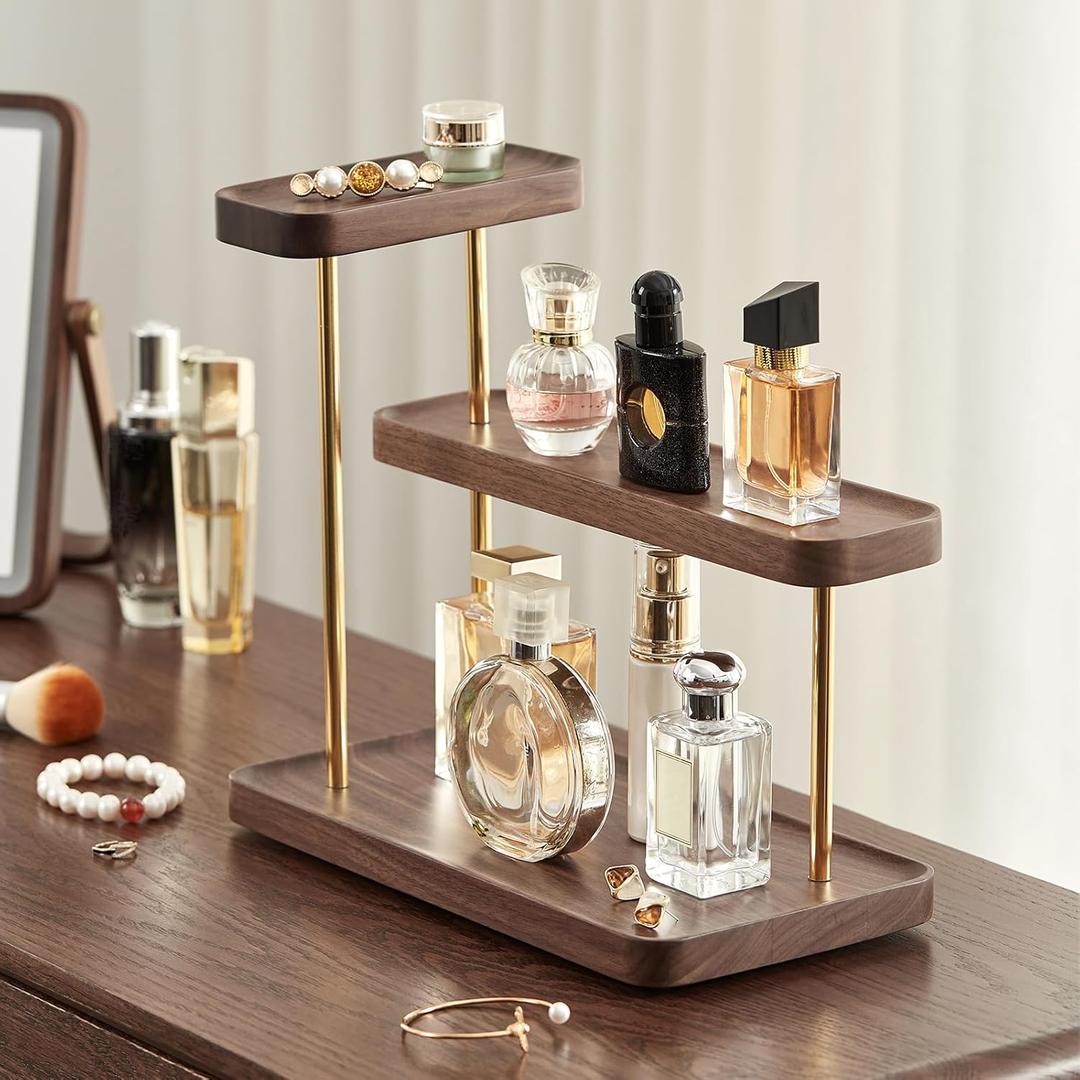 3-Tier Solid Black Walnut Perfume Organizer, Wood Cologne Organizer for Men & Women, Wooden Perfume Display Shelf for Bathroom, Skincare, Cosmetics, Makeup Storage, Ideal Gift