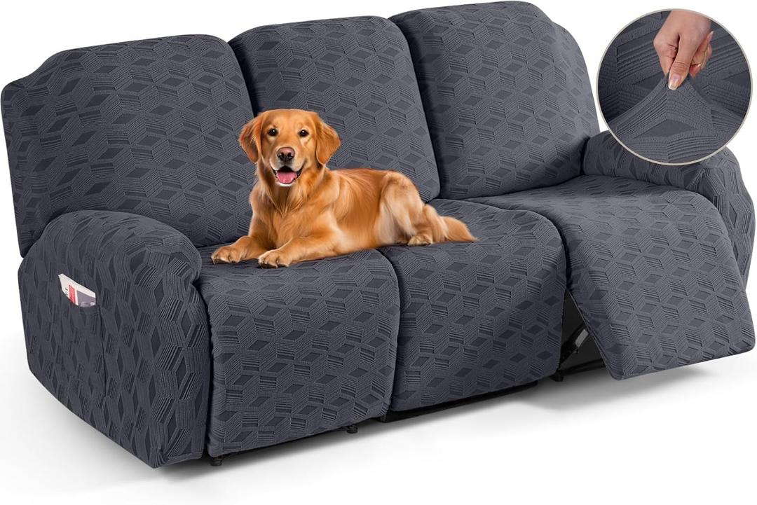 TAOCOCO Recliner Sofa Covers Stretch Reclining Couch Cover, Jacquard Recliner Couch Cover for 3 Seat Furniture Protector Sofa Slipcovers with Elastic Bottom for Kids, Pets (Dark Grey)