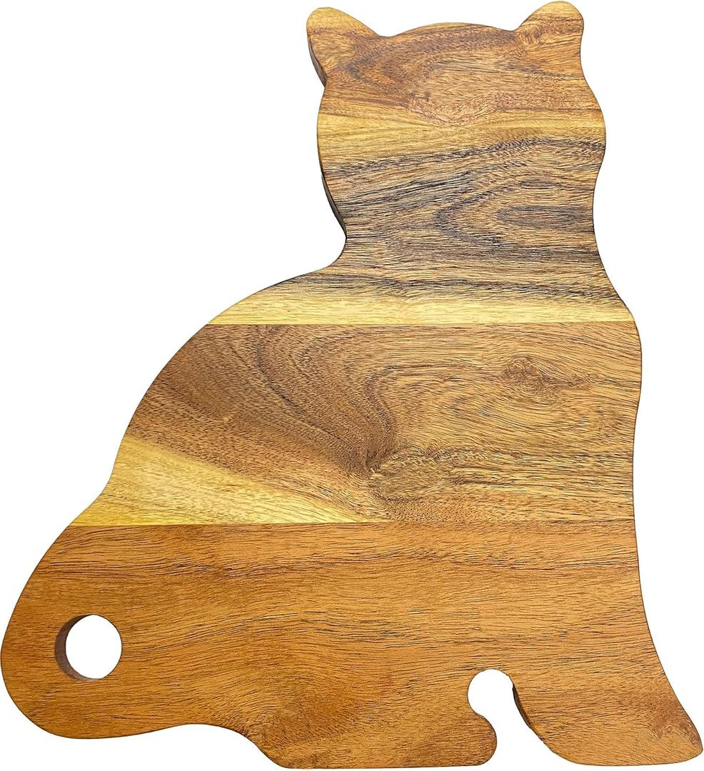 Funny Cat Shaped Wood Cutting Board for Kitchen with Handle, 14"L x 12"W Decorative Funny Cat Charcuterie Serving Board, Cheese Serving Board, Solid Wood Board