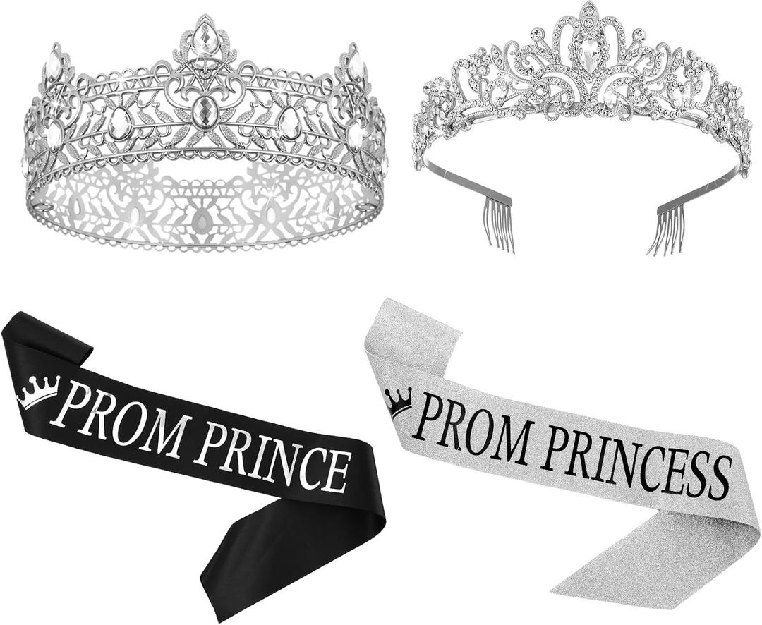 Lyrow 4 Pcs Prom King and Queen Crowns Set with Sashes, King Crowns for Men Rhinestone Princess Crown Tiara for Women 80s Prom Party Gift for Graduation Wedding Birthday Costume(Crystal Style,Silver)